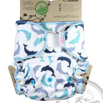 Petit Lulu Maxi Night Nappy Fluffy Organic Velcro-Fitted Nappy-Petit Lulu-Little Dolphins-The Nappy Market