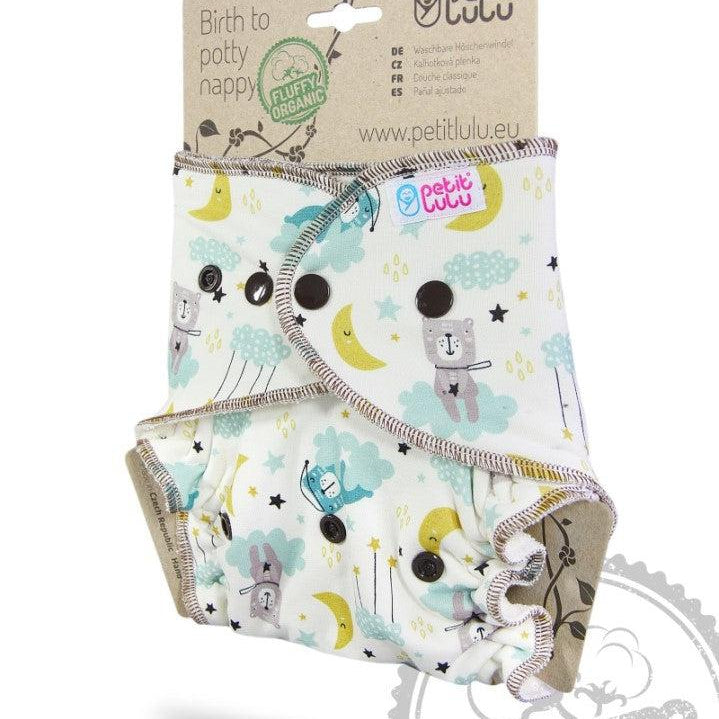 Petit Lulu Maxi Night Nappy Fluffy Organic Snaps-Fitted Nappy-Petit Lulu-Faddy Panda-The Nappy Market