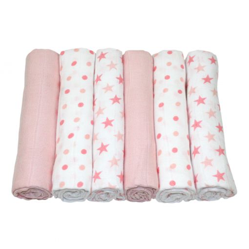 MuslinZ 6 Pack Muslin Squares 70cm Various Patterns (PREORDER - Shipping 15th Jan)-Flat Nappy-MuslinZ-Pink Star-The Nappy Market