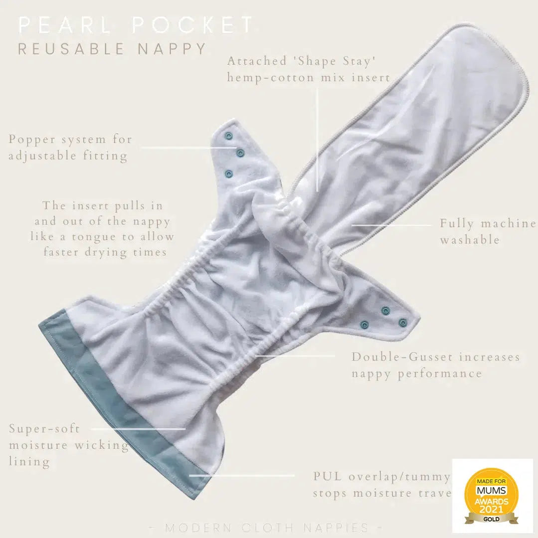 Modern Cloth Nappy Pearl Pocker All in One Nappy Dunne-All In One Nappy-Modern Cloth Nappy-White with Tan-The Nappy Market